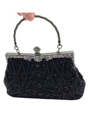 Black Beaded Evening Bag Rhinestone Cocktail Formal Purse Art Deco